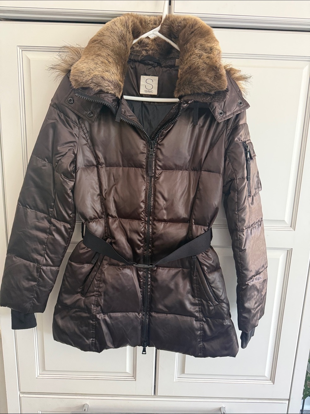 Sundance Chocolate Brown Puffer Coat with Faux Fur Collar